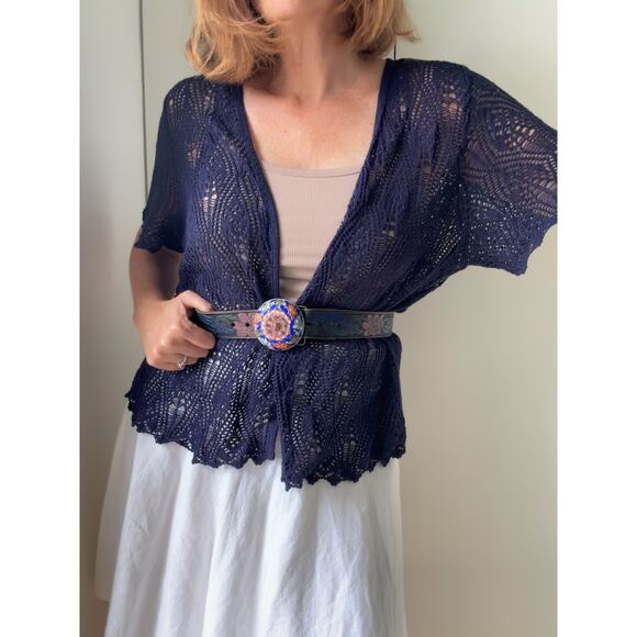 90s Crochet Cardigan Knit Top Blue Size XL BOho Indie Vibes Layering Pieces - Picture 10 of 10